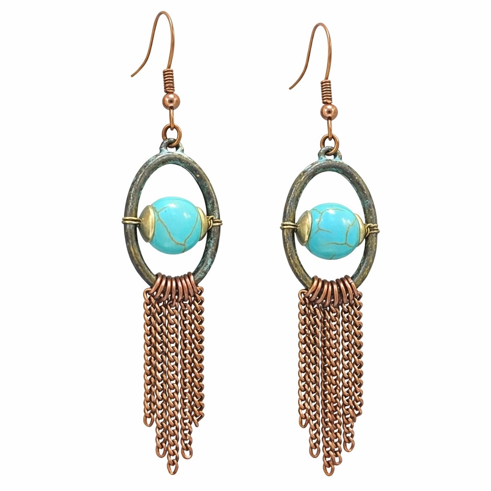 Turquoise Bead Chain Tassel Dangle Earrings – Rustic Boho 💙